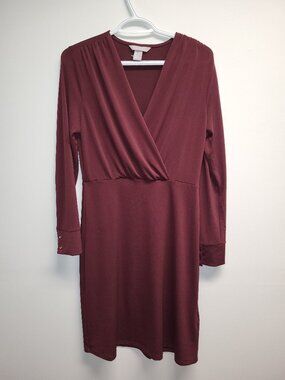 H&M Burgundy Faux Wrap Dress Size 8 Long Sleeve
